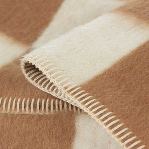 The Blacksaw Checkerboard Crosby Blanket inTabacco Brown Close Up product shot showing beautiful Blanket Stitching