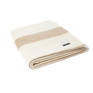 The Blacksaw 100% Recycled Siempre Blanket in Ivory with Beige Stripe, folded product shot with beautiful Blanket Stitching and branded label