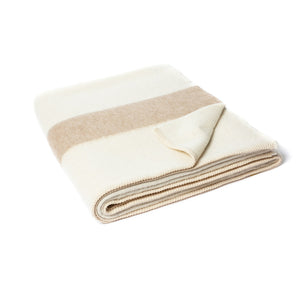 The Blacksaw 100% Recycled Siempre Blanket in Ivory with Beige Stripe folded product shot with beautiful Blanket Stitching
