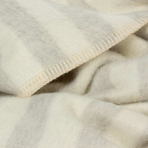 The Blacksaw  Stills Vertical Stripe Blanket in Light heather Grey/Ivory Close Up product shot showing beautiful Blanket Stitching