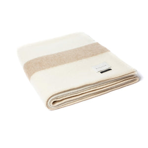 The Blacksaw 100% Recycled Siempre Blanket in Ivory with Beige Stripe, folded product shot with beautiful Blanket Stitching and branded label 