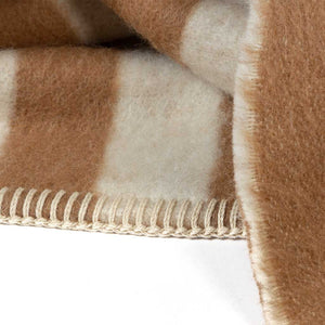 The Blacksaw Stills Vertical Stripe Blanket in Tabacco Brown Close Up product shot showing beautiful Blanket Stitching detail