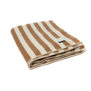 The Blacksaw Stills Vertical Stripe Blanket in Tabacco Brown, folded product shot with beautiful Blanket Stitching and branded label 