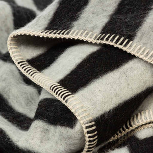 The Blacksaw  Stills Vertical Stripe Blanket in Black/IvoryClose Up product shot showing beautiful Blanket Stitching