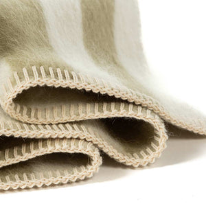 The Blacksaw  Stills Vertical Stripe Blanket in Boa Green Close Up product shot showing beautiful Blanket Stitching