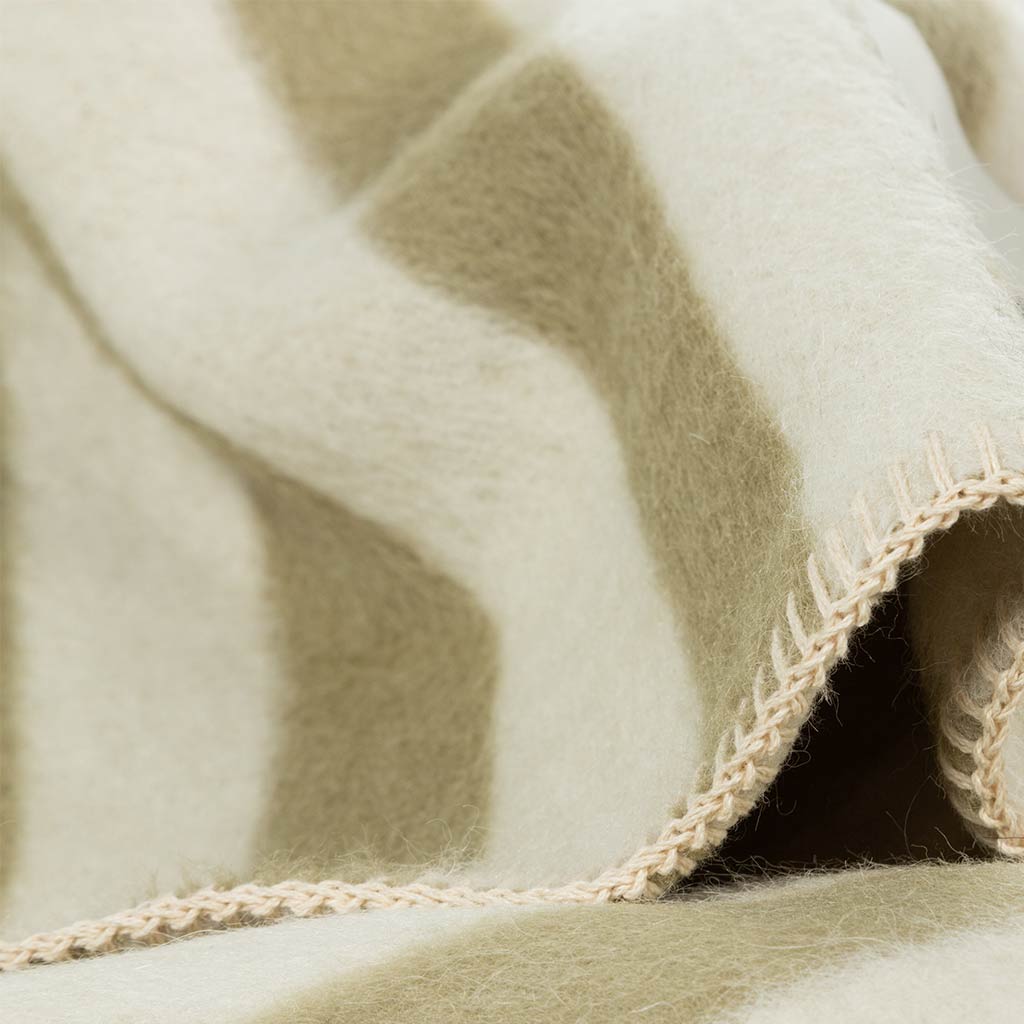 The Blacksaw  Stills Vertical Stripe Blanket in Boa Green Close Up product shot showing beautiful Blanket Stitching