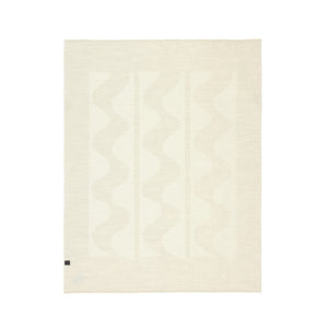 The Blacksaw 100% Alpaca, Reversible TimeWarp Throw Blanket laying flat in Zero Dye Ivory & Shoji. Reverse Side