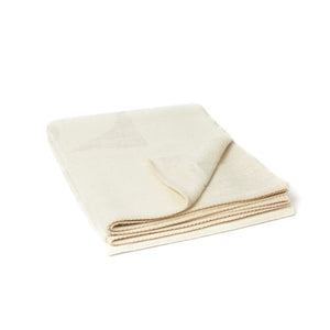 The Blacksaw 100% Alpaca, Reversible TimeWarp Throw Blanket in  Zero Dye Ivory & Shoji folded product shot with beautiful Blanket Stitching